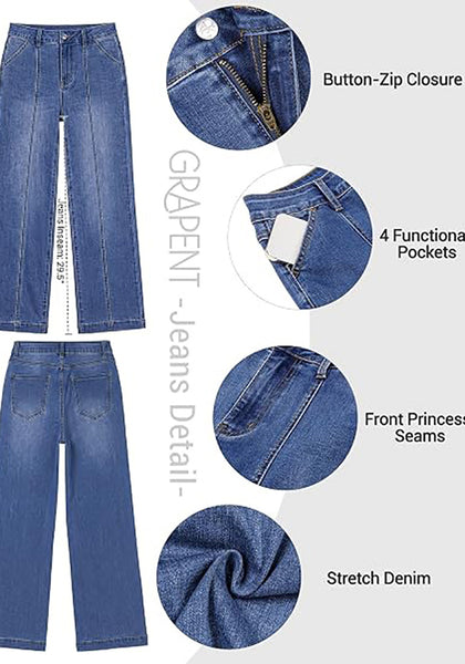 GRAPENT Women's High Waist Wide Leg Jeans | Stretchy Denim, Front Seam, 29.5" Inseam, 4 Pockets, Vintage Distressed, Country Concert Work Casual