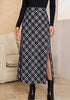 Black % white Women's Trendy Plaid Maxi Skirt — High Waisted A Line Long Skirt with Side Slit, Vintage Pattern & Back Elastic Waist
