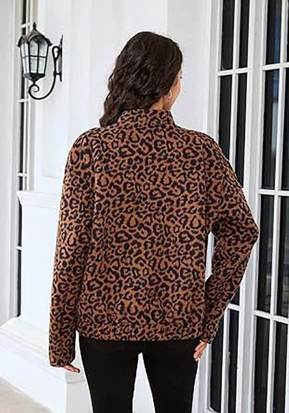 Brown Leopard Women's Leopard Print Bomber Jacket — Oversized Brushed Wool Blend Cheetah Jacket with Stand Collar, Snap Buttons & Elastic Hem