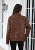 Brown Leopard Women's Leopard Print Bomber Jacket — Oversized Brushed Wool Blend Cheetah Jacket with Stand Collar, Snap Buttons & Elastic Hem