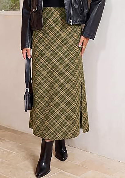 Green & Khaki Women's Trendy Plaid Maxi Skirt — High Waisted A Line Long Skirt with Side Slit, Vintage Pattern & Back Elastic Waist