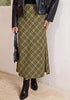 Green & Khaki Women's Trendy Plaid Maxi Skirt — High Waisted A Line Long Skirt with Side Slit, Vintage Pattern & Back Elastic Waist