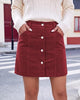 Wine Red Women's Corduroy Short Skirt, Trendy Button Fly Stretchy Fall Skirts with Elastic Back Waist and Functional Pockets, Soft Dressy Casual Fall Outfits