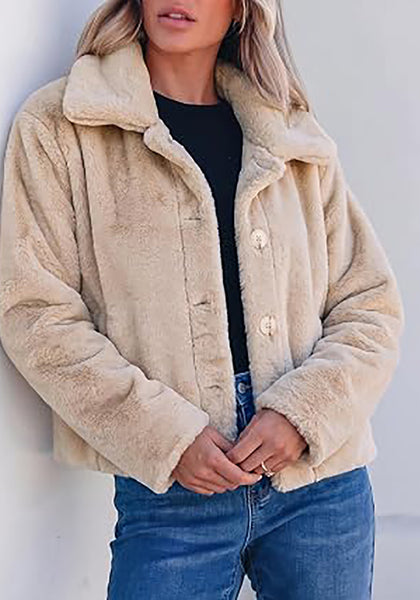 Beige Women's Cropped Fluffy Faux Fur Coat — Oversized Lapel Jacket with Button Down Closure & Warm Lining