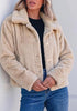 Beige Women's Cropped Fluffy Faux Fur Coat — Oversized Lapel Jacket with Button Down Closure & Warm Lining