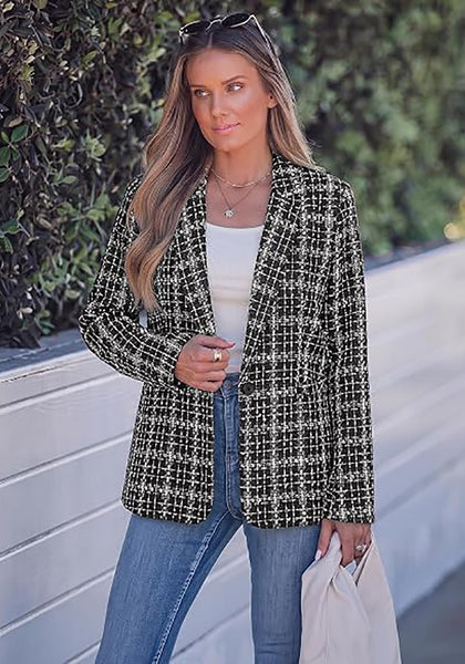 GRAPENT Women's Tweed Plaid Blazer | Notched Lapel, Fully Lined, Shoulder Pads, Single Button, 2 Pockets, Interview Office Business Casual