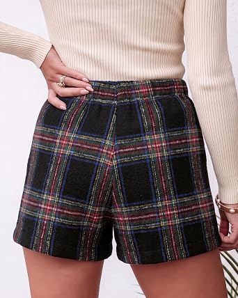 Multi Black Women's Plaid Skort High Waist Faux Wrap Mini Skirt with Side Zipper, Elastic Back & Built-in Shorts
