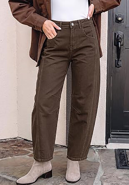 Dark Brown Women's Trendy Barrel Jeans — High Waisted Baggy Wide Leg Denim Pants with Cinched Waist, Front Seam & Ankle Length