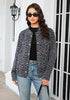 Grey  Cheetah Women's Leopard Print Bomber Jacket — Oversized Brushed Wool Blend Cheetah Jacket with Stand Collar, Snap Buttons & Elastic Hem
