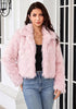 Pink Women's Solid Color Shaggy Faux Fur Jacket — Cropped Long Pile Coat with Lapel Collar, Hook Closure & Drop Shoulder