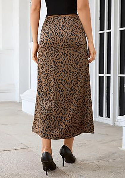 Dark Brown Cheetah Women's Leopard Print Satin Maxi Skirt — High Waisted Bias Cut A Line Slip Skirt with Stretchy Elastic Waistband