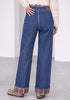Medium Blue Women's High Rise Wide Leg Jeans — Stretchy Denim Pants with Double Button Waistband, Vertical Seam & Contrast Plaid Cuffs