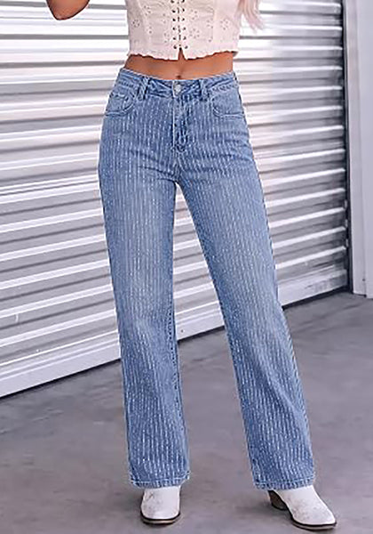 Modern Blue Women's Rhinestone Wide Leg Jeans, High Waisted Stretch Glitter Sparkly Embellished Denim Pants, 29.5" Inseam Trendy Party Night Out Outfits