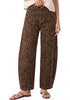 Brown Cheetah Women's Trendy Leopard Barrel Jeans — High Waisted Baggy Wide Leg Stretchy Denim Pants with Front Seam & Ankle Length