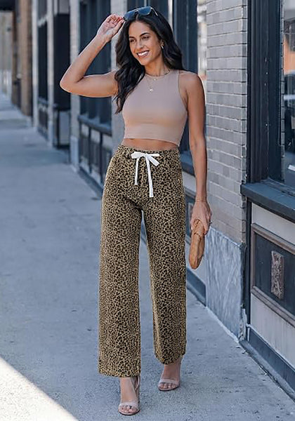 GRAPENT Women's High Waisted Wide Leg Leopard Jeans | Leopard Print Denim, Drawstring Waist, Loose Straight Leg, 28" Inseam, Dressy Casual Everyday Wear