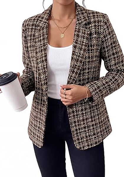 Brown Women's Plaid Tweed Work Blazer | Long Sleeve Notched Lapel Jacket, Fully Lined, Shoulder Pads, Single Button, 2 Pockets – Office, Interview, Business Casual