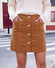 Brown Women's Corduroy Short Skirt, Trendy Button Fly Stretchy Fall Skirts with Elastic Back Waist and Functional Pockets, Soft Dressy Casual Fall Outfits
