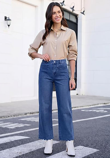 GRAPENT Women's High Waisted Scalloped Ankle Jeans | Stretchy Denim, Straight Wide Leg, 27.5" Inseam, Patched Pockets, Work Office Dressy Casual