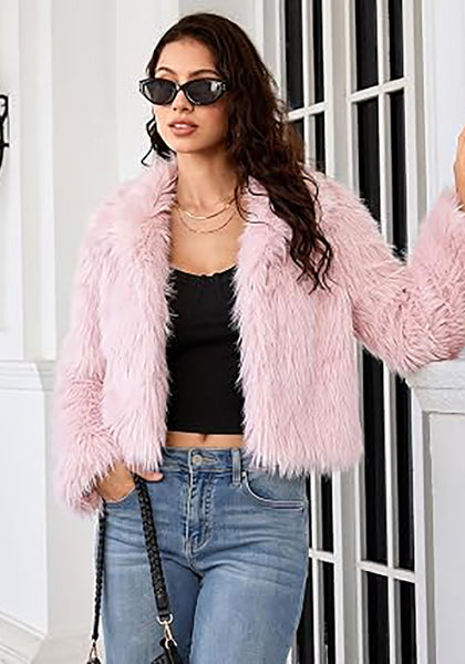 Pink Women's Solid Color Shaggy Faux Fur Jacket — Cropped Long Pile Coat with Lapel Collar, Hook Closure & Drop Shoulder