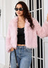 Pink Women's Solid Color Shaggy Faux Fur Jacket — Cropped Long Pile Coat with Lapel Collar, Hook Closure & Drop Shoulder