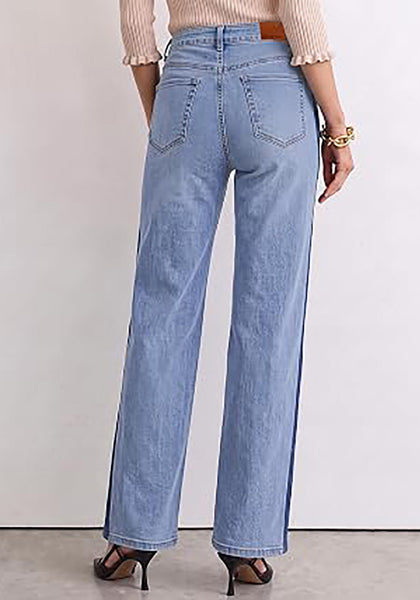 Lakeside Blue Women's High Waisted Straight Leg Jeans, Tuxedo Side Stripe Stretchy Denim Pants, 29" Inseam Relaxed Fit 90s Style Concert Outfits