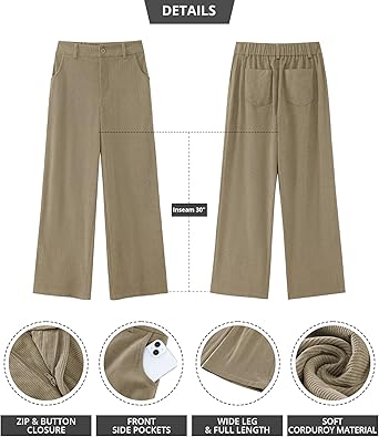 Khaki Women's Casual Full-Length High Waist Relaxed Fit Wide Leg Front Zip Elastic Waist Back Pocket Pants Button Matching Non-Stretch