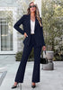Navy Blue Women's 2 Piece Blazer Pants Suit, Business Casual Long Sleeve Belted Double Breasted Blazer & Elastic High Waisted Flared Pants Set, Dressy Office Work Outfits