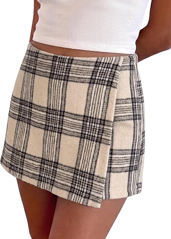 Beige Black Women's Plaid Skort High Waist Faux Wrap Mini Skirt with Side Zipper, Elastic Back & Built-in Shorts
