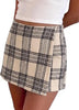 Beige Black Women's Plaid Skort High Waist Faux Wrap Mini Skirt with Side Zipper, Elastic Back & Built-in Shorts