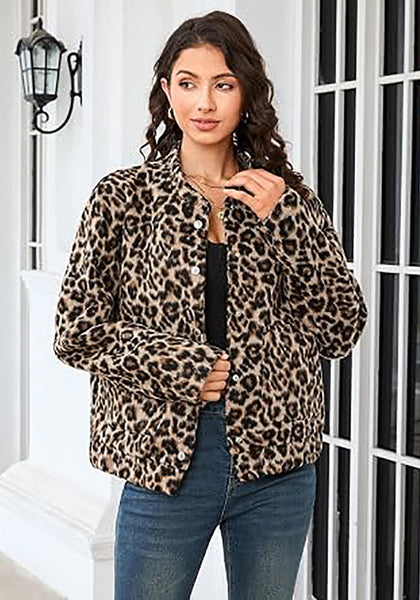 Sand Leopard Women's Leopard Print Bomber Jacket — Oversized Brushed Wool Blend Cheetah Jacket with Stand Collar, Snap Buttons & Elastic Hem