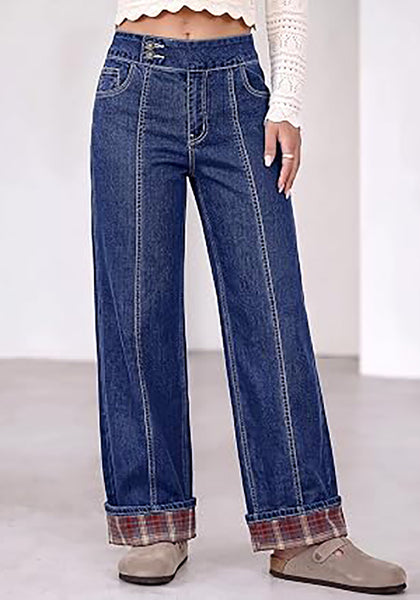 Darkness Blue Women's High Rise Wide Leg Jeans — Stretchy Denim Pants with Double Button Waistband, Vertical Seam & Contrast Plaid Cuffs