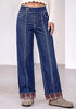 Darkness Blue Women's High Rise Wide Leg Jeans — Stretchy Denim Pants with Double Button Waistband, Vertical Seam & Contrast Plaid Cuffs