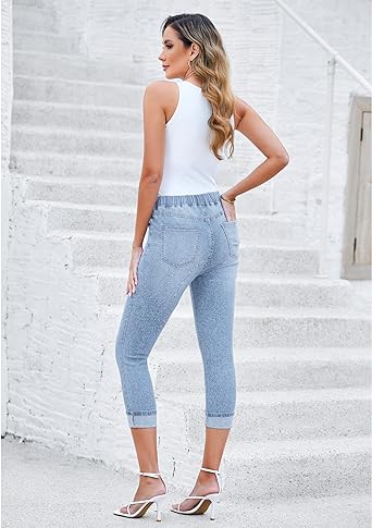 Powder Blue - Acid Wash Women's High Waisted Elastic Slight Stretch Denim Pull On Cuffed Hem Capri Jeans Denim Pants