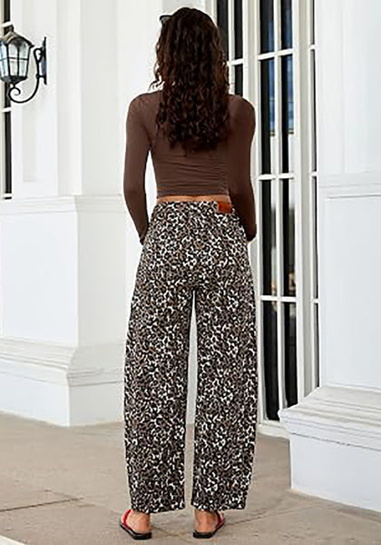 Bleached Sand Leopard Women's Trendy Leopard Barrel Jeans — High Waisted Baggy Wide Leg Stretchy Denim Pants with Front Seam & Ankle Length