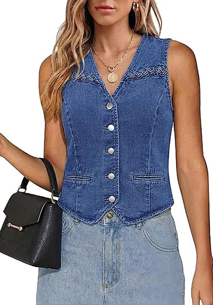 LookbookStore Women Classic Blue Casual Sleeveless Denim Vest Button Down Braided Adjustable Waist Western Jean Waistcoat