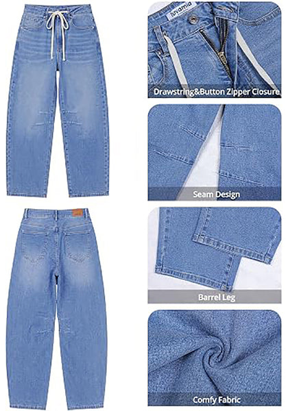 Medium Blue Barrel Jeans for Women High Waisted Baggy Drawstring Wide Leg Denim Pants Stretchy Ankle Length 27.5 Inseam Casual Trendy