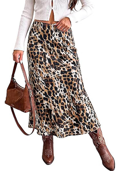 Cashew Cheetah  Women's Leopard Print Satin Maxi Skirt — High Waisted Bias Cut A Line Slip Skirt with Stretchy Elastic Waistband