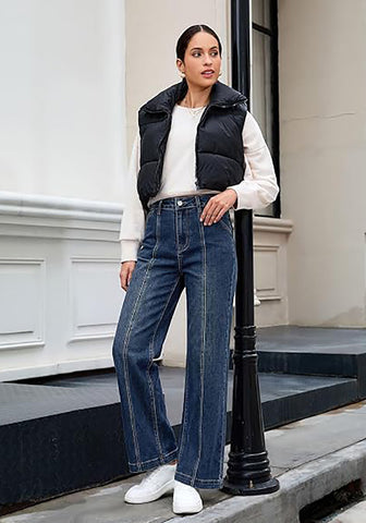 GRAPENT Women's High Waist Wide Leg Jeans | Stretchy Denim, Front Seam, 29.5" Inseam, 4 Pockets, Vintage Distressed, Country Concert Work Casual