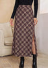 Wine Red & Khaki Women's Trendy Plaid Maxi Skirt — High Waisted A Line Long Skirt with Side Slit, Vintage Pattern & Back Elastic Waist