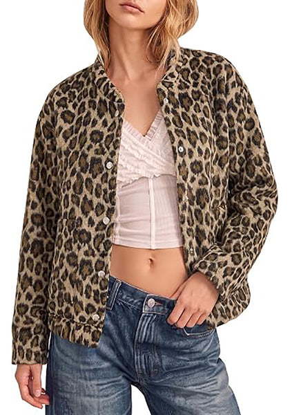 Khaki Leopard Women's Leopard Print Bomber Jacket — Oversized Brushed Wool Blend Cheetah Jacket with Stand Collar, Snap Buttons & Elastic Hem