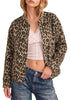 Khaki Leopard Women's Leopard Print Bomber Jacket — Oversized Brushed Wool Blend Cheetah Jacket with Stand Collar, Snap Buttons & Elastic Hem