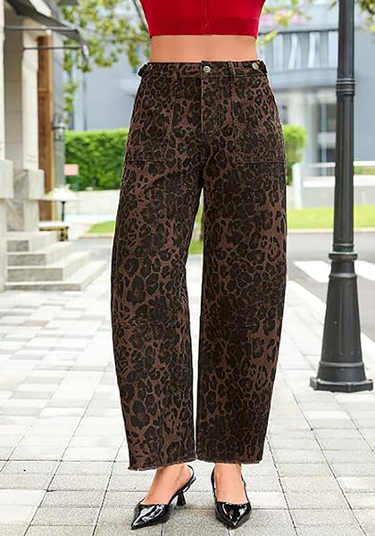 GRAPENT Women's High Rise Leopard Barrel Jeans | Leopard Print Denim, Adjustable Cinched Waist, Frayed Hem, 28" Inseam, Country Concert Casual Work Wear