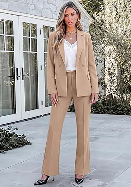 Khaki Women's 2 Piece Blazer Pants Suit, Business Casual Long Sleeve Belted Double Breasted Blazer & Elastic High Waisted Flared Pants Set, Dressy Office Work Outfits