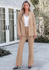 Khaki Women's 2 Piece Blazer Pants Suit, Business Casual Long Sleeve Belted Double Breasted Blazer & Elastic High Waisted Flared Pants Set, Dressy Office Work Outfits