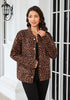 Brown Leopard Women's Leopard Print Bomber Jacket — Oversized Brushed Wool Blend Cheetah Jacket with Stand Collar, Snap Buttons & Elastic Hem