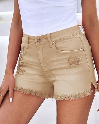 Women's Mid Rise Frayed Ripped Raw Hem Denim Jean Shorts