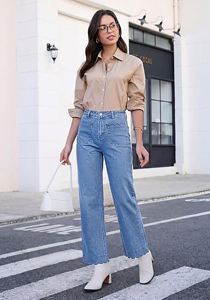 GRAPENT Women's High Waisted Scalloped Ankle Jeans | Stretchy Denim, Straight Wide Leg, 27.5" Inseam, Patched Pockets, Work Office Dressy Casual