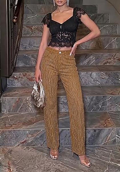 Brown  Women's Rhinestone Wide Leg Jeans, High Waisted Stretch Glitter Sparkly Embellished Denim Pants, 29.5" Inseam Trendy Party Night Out Outfits
