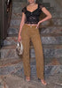 Brown  Women's Rhinestone Wide Leg Jeans, High Waisted Stretch Glitter Sparkly Embellished Denim Pants, 29.5