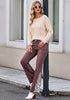 Coffee Brown Women's Floral Embroidery Flare Jeans — High Waisted Stretchy Bootcut Denim with Raw Frayed Hem & Retro Distressed Wash